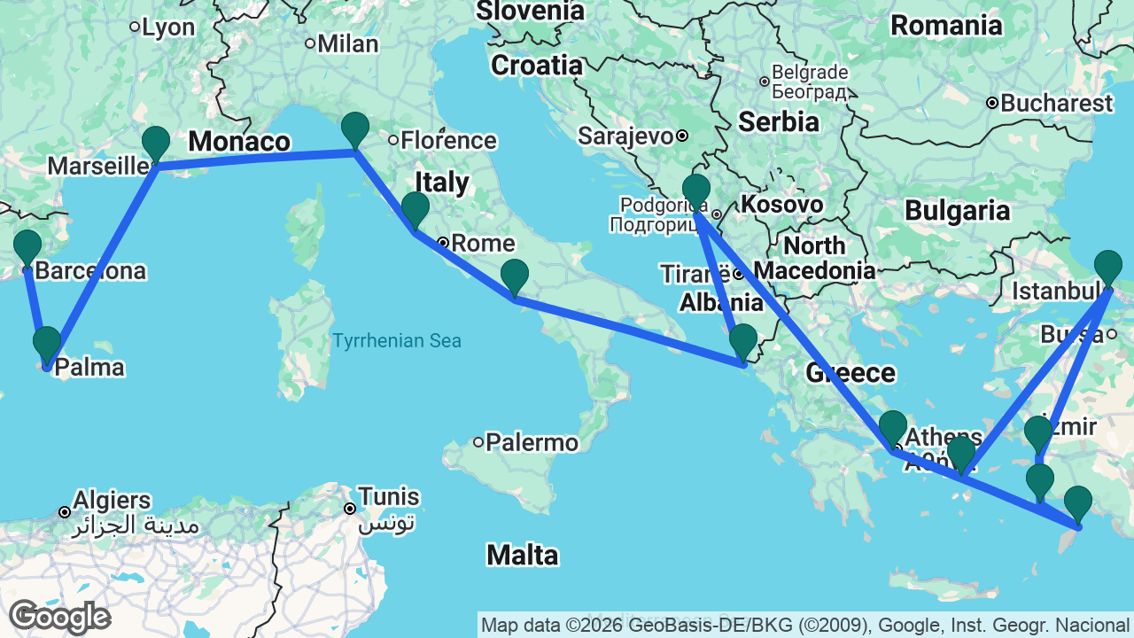 Route map: Barcelona -> Mallorca -> Marseille -> Florence -> Rome -> Naples -> Corfu -> Kotor -> Athens -> Mykonos -> Istanbul -> Ephesus -> Kos -> Rhodes -> Athens