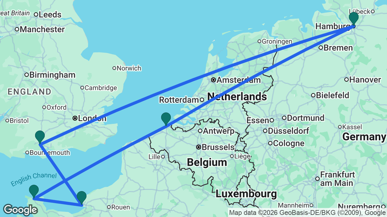 Route map: Hamburg -> Bruges -> Cherbourg -> Paris -> Southampton -> Hamburg