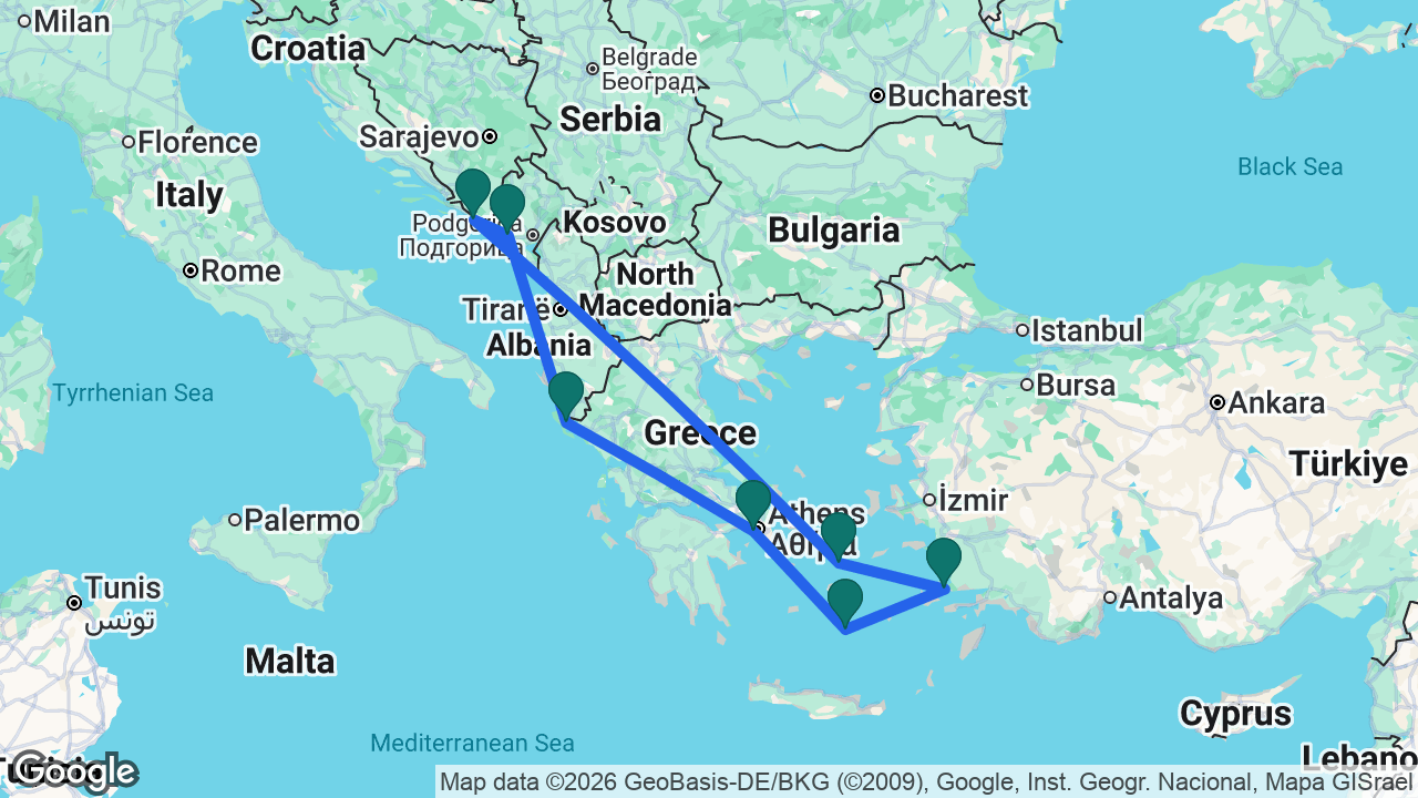 Route map: Athens -> Santorini -> Bodrum -> Mykonos -> Dubrovnik -> Kotor -> Corfu -> Athens