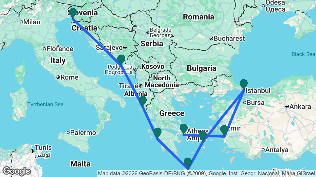 Route map: Athens -> Ephesus -> Istanbul -> Mykonos -> Chania -> Katakolon -> Sarandë -> Dubrovnik -> Trieste