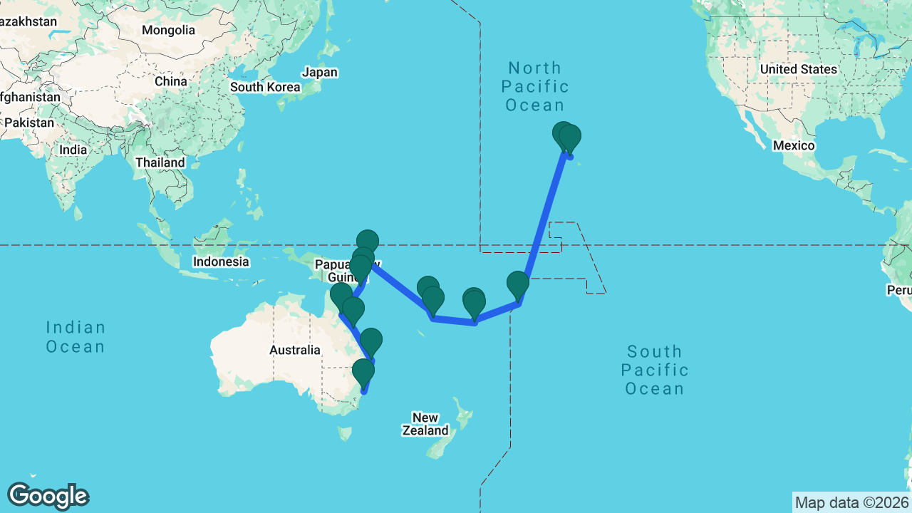 Route map: Honolulu -> Kauai -> Pago Pago -> Fiji -> Dravuni Island -> Port Vila -> Luganville -> Rabaul -> Kiriwina Island -> Alotau -> Cairns -> Airlie Beach -> Brisbane -> Sydney