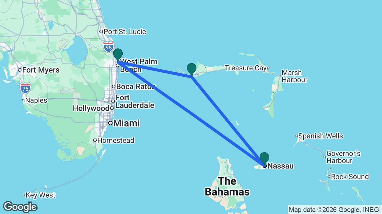 Route map: Palm Beach -> Freeport -> Nassau -> Palm Beach