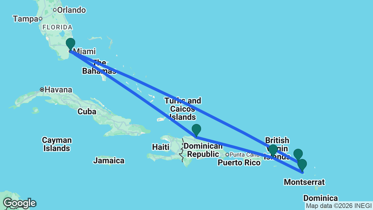 Route map: Miami -> St. Maarten -> St. Kitts -> St. Thomas -> Amber Cove -> Miami