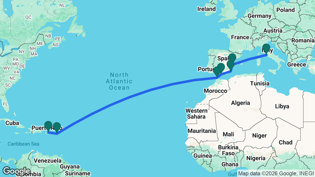 Route map: Rome -> Valencia -> Cartagena -> Málaga -> Tangier -> St. Maarten -> San Juan
