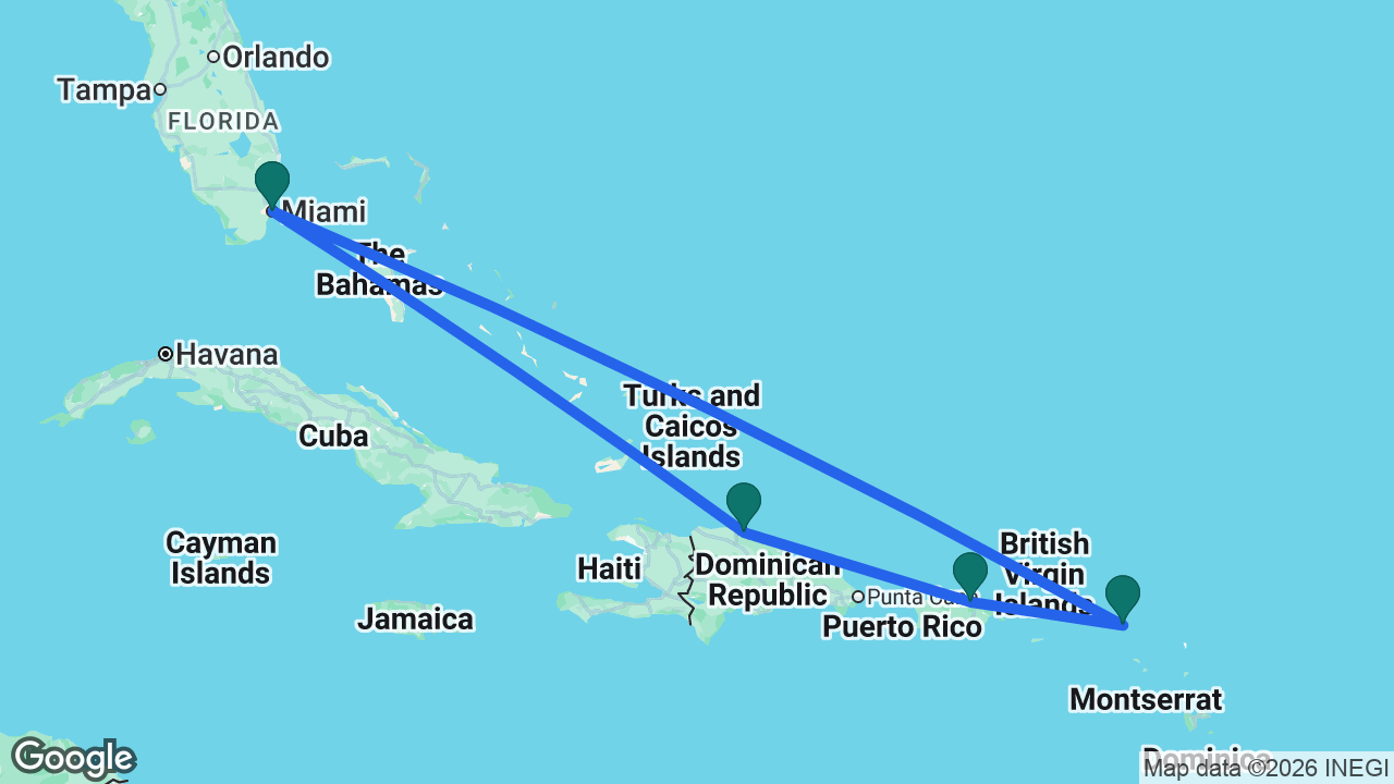Route map: Miami -> St. Maarten -> San Juan -> Puerto Plata -> Miami