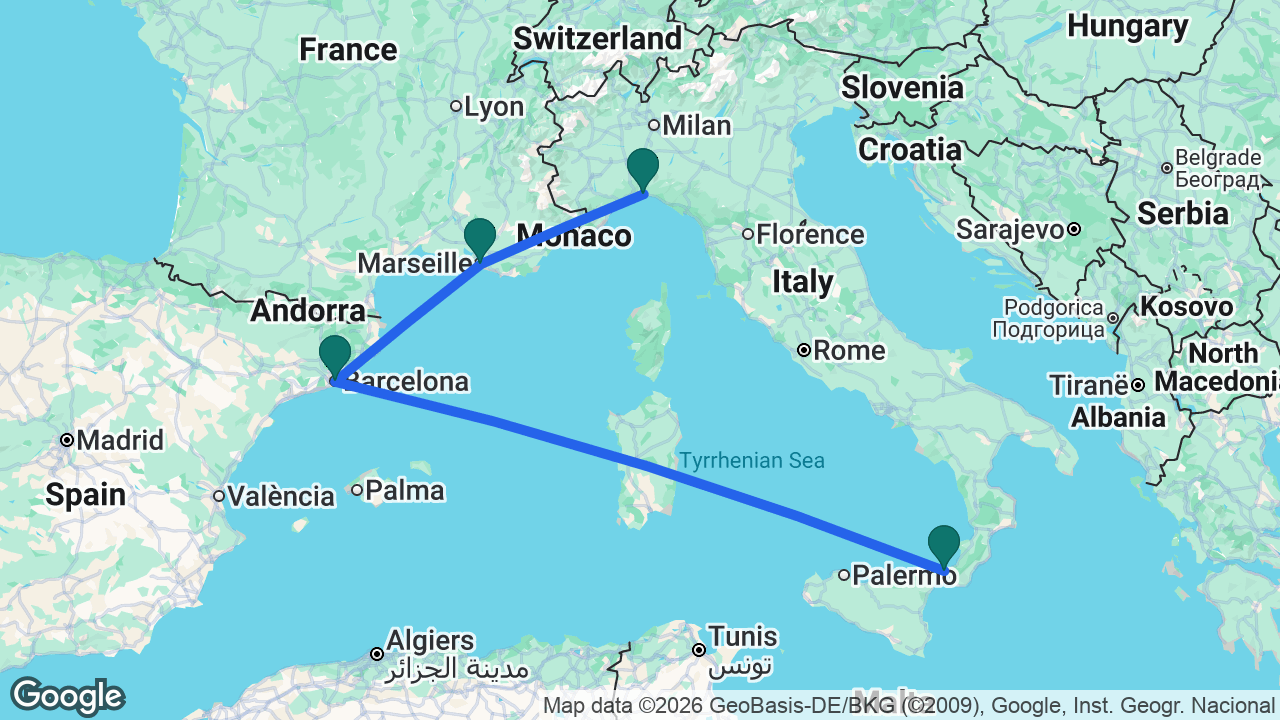 Route map: Messina -> Barcelona -> Marseille -> Genoa
