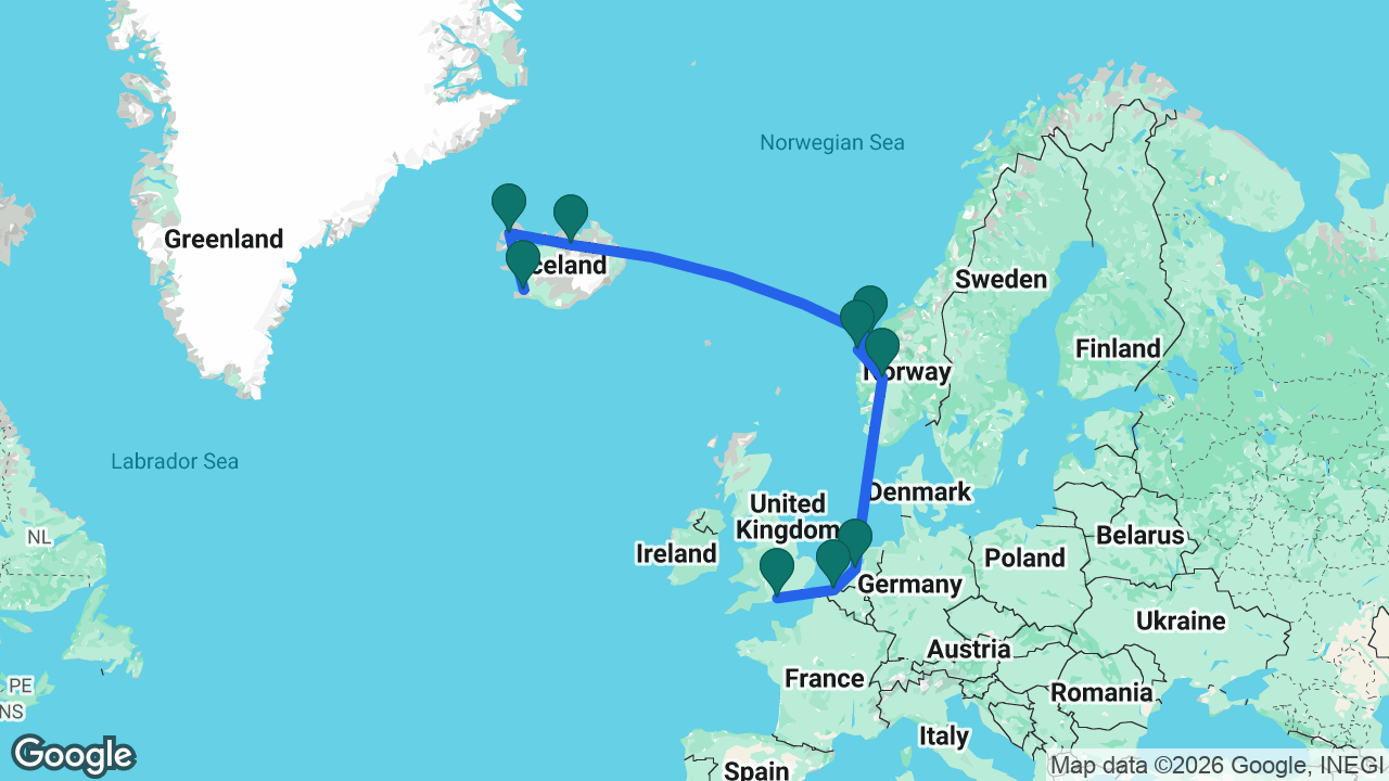 Route map: Reykjavik -> Isafjordur -> Akureyri -> Ålesund -> Måløy -> Flåm -> Amsterdam -> Bruges -> Southampton
