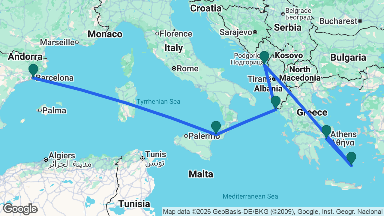 Route map: Athens -> Santorini -> Bar -> Corfu -> Messina -> Barcelona