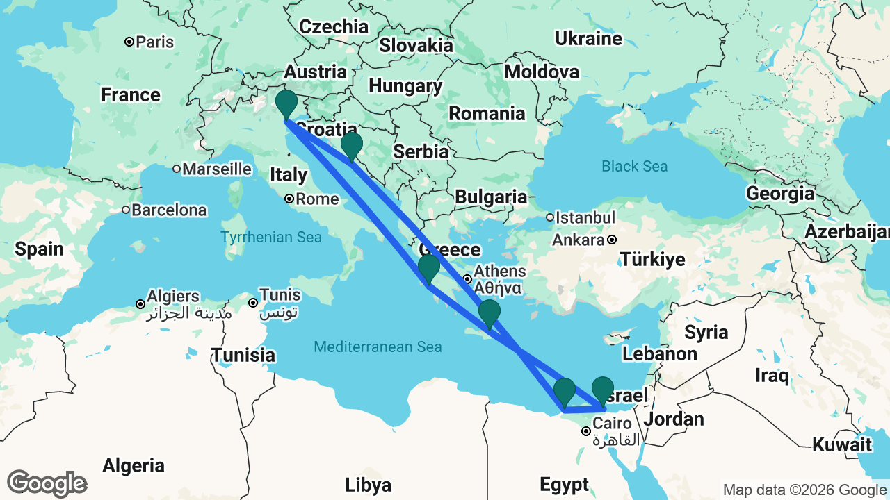 Route map: Venice -> Katakolon -> Heraklion -> Port Said -> Alexandria -> Split -> Venice
