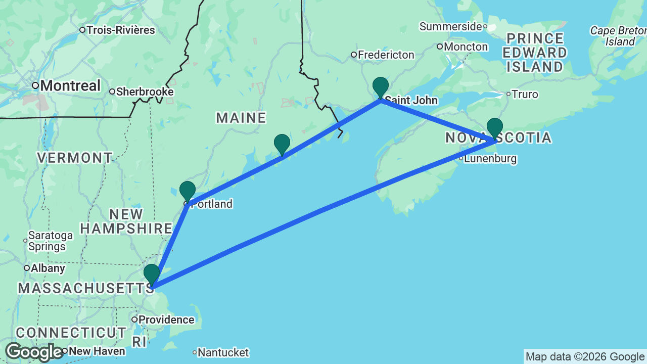 Route map: Boston -> Portland -> Bar Harbor -> Saint John -> Halifax -> Boston