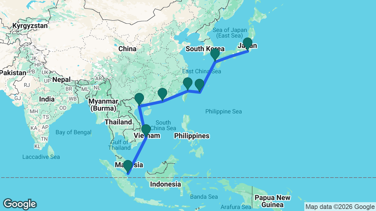 Route map: Singapore -> Cam Ranh -> Ha Long Bay -> Hong Kong -> Keelung -> Miyakojima -> Nagasaki -> Tokyo