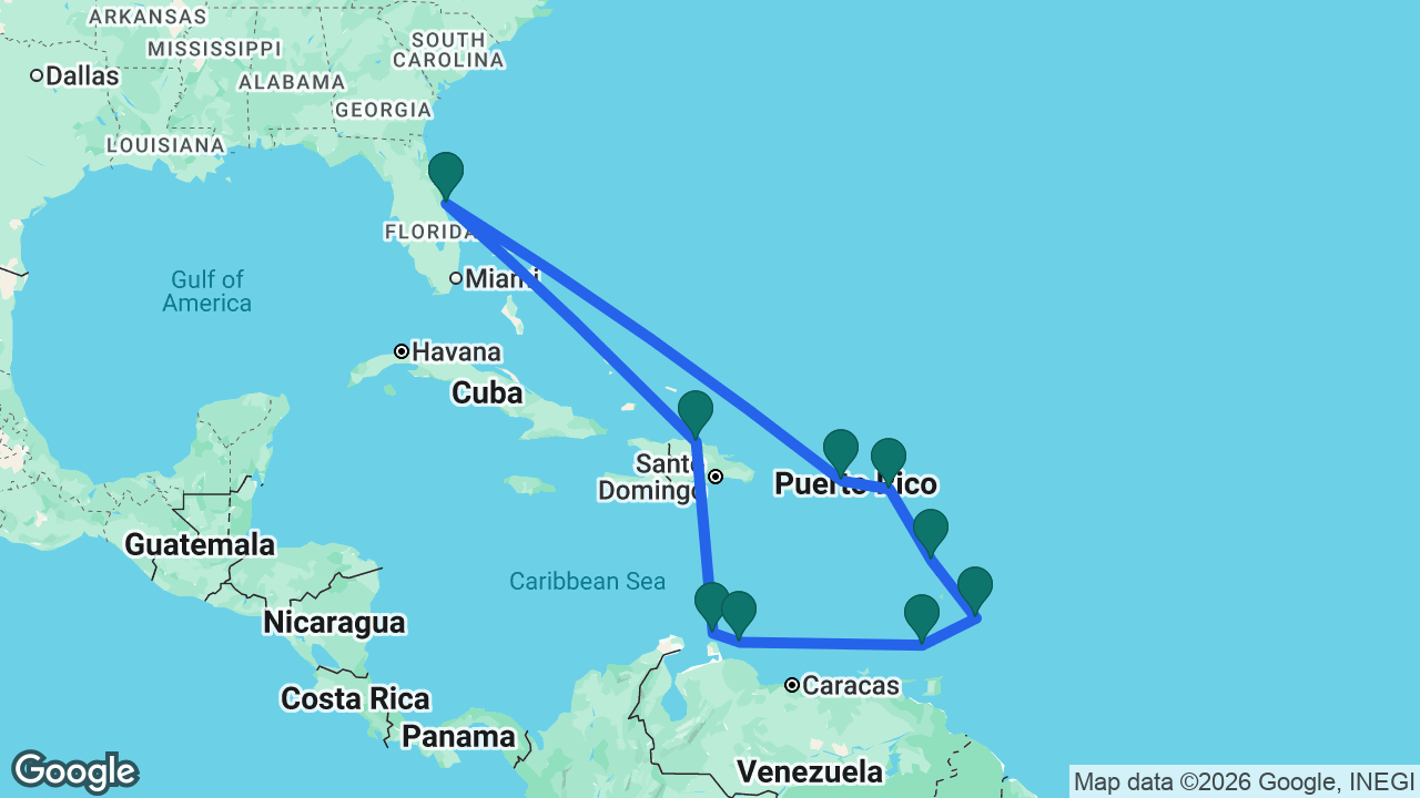 Route map: Port Canaveral -> Amber Cove -> Aruba -> Curaçao -> Grenada -> Barbados -> Dominica -> St. Maarten -> St. Thomas -> Port Canaveral