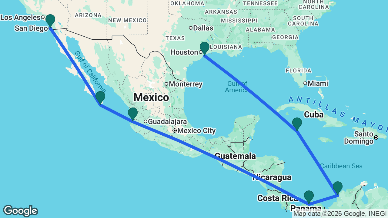 Route map: San Diego -> Cabo -> Puerto Vallarta -> Panama Canal -> Cartagena -> Grand Cayman -> Galveston