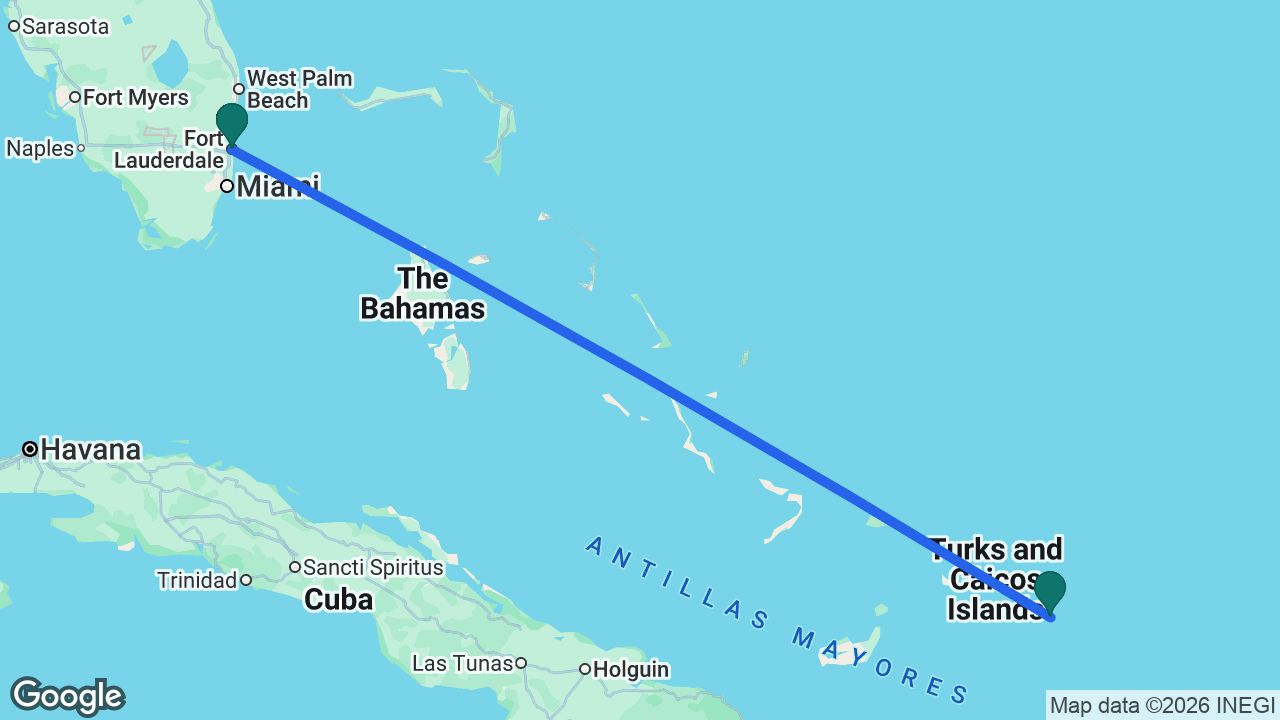 Route map: Fort Lauderdale -> Grand Turk -> Fort Lauderdale
