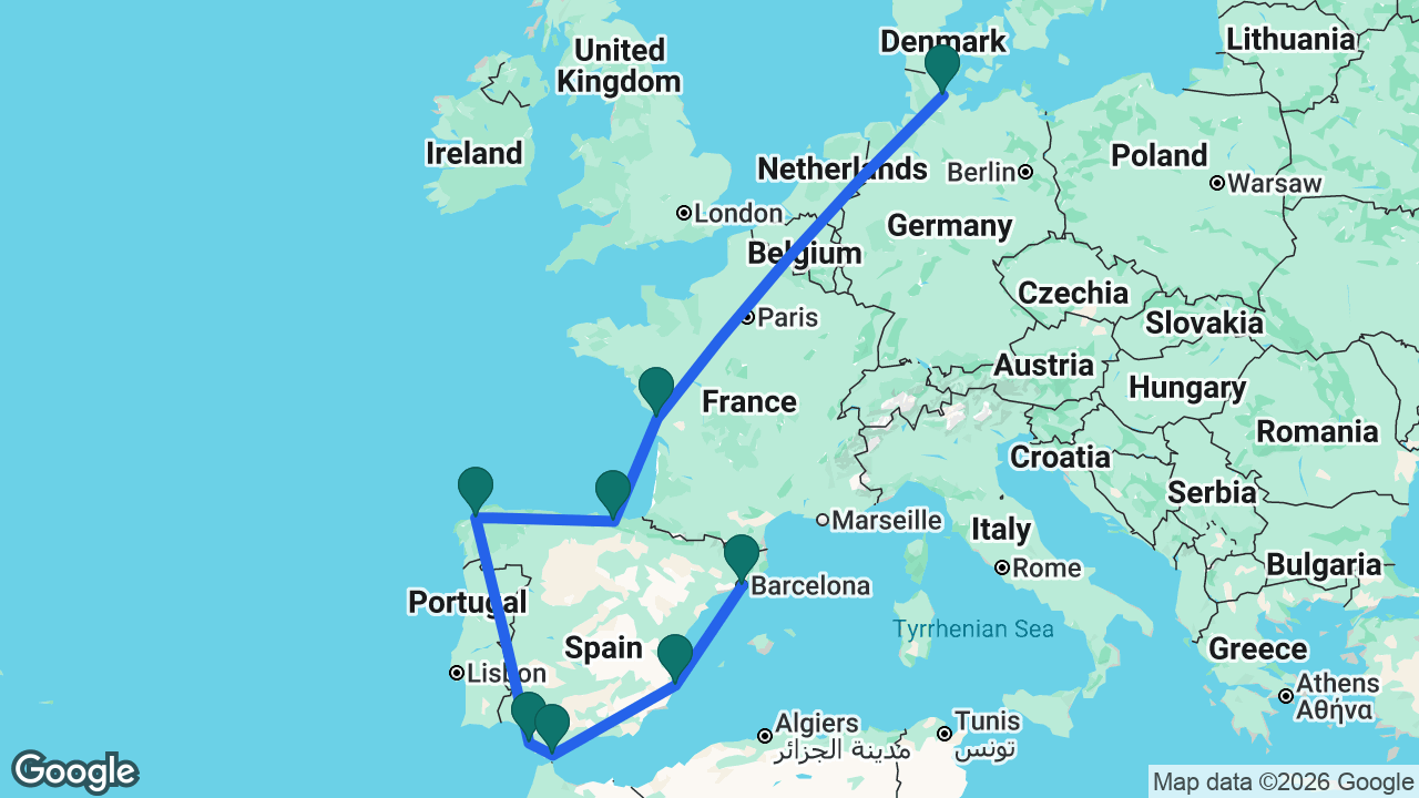Route map: Barcelona -> Alicante -> Gibraltar -> Cádiz -> La Coruña -> Bilbao -> La Rochelle -> Kiel