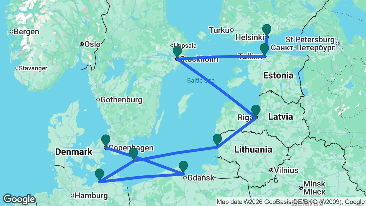 Route map: Copenhagen -> Gdansk -> Berlin -> Rønne -> Klaipeda -> Riga -> Stockholm -> Tallinn -> Helsinki