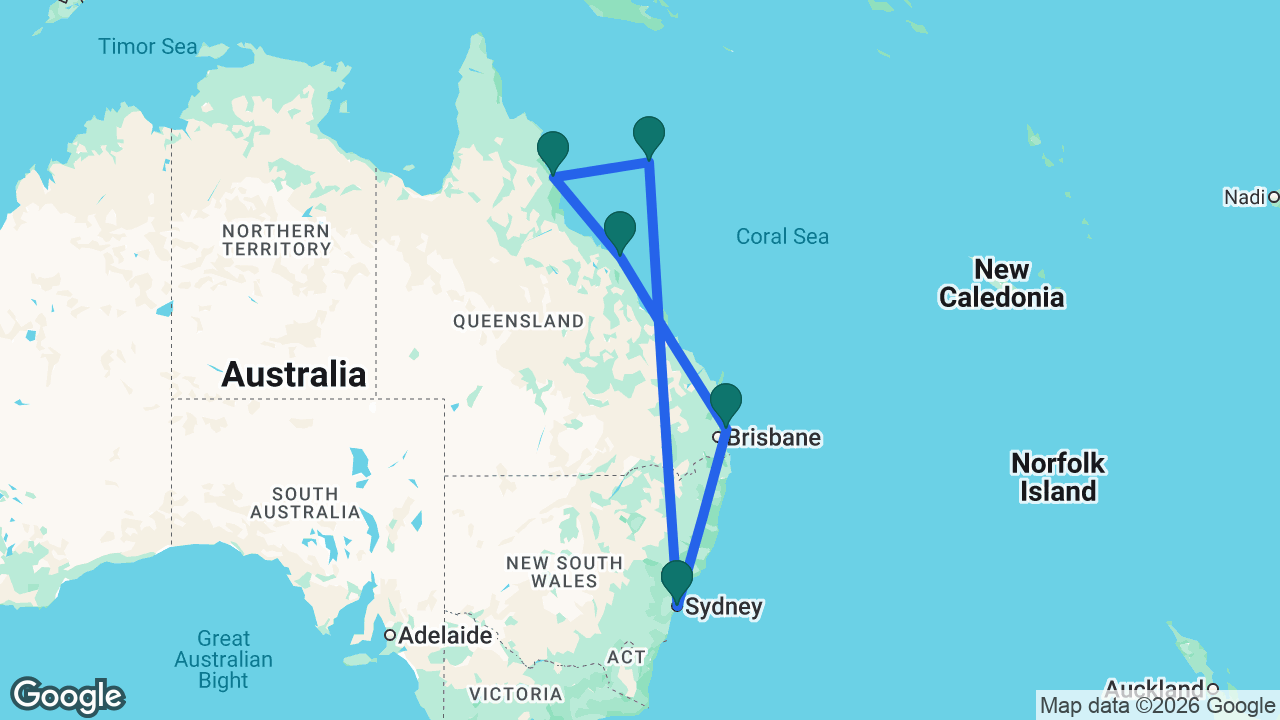 Route map: Sydney -> Tangalooma -> Airlie Beach -> Cairns -> Willis Island -> Sydney
