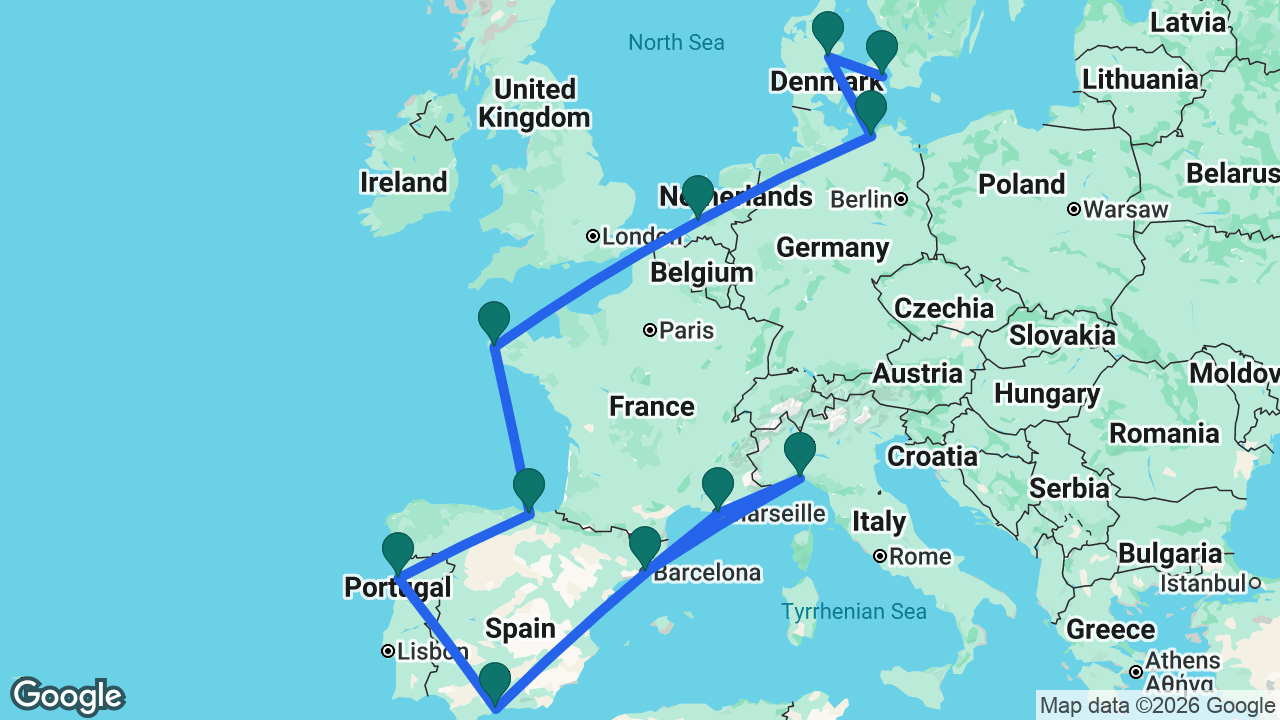 Route map: Copenhagen -> Aarhus -> Berlin -> Rotterdam -> Brest -> Bilbao -> Porto -> Málaga -> Marseille -> Genoa -> Barcelona