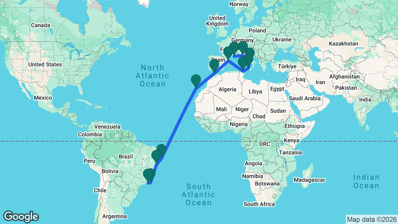 Route map: Rio -> Búzios -> Salvador -> Maceió -> Tenerife -> Tangier -> Barcelona -> La Goulette -> Palermo -> Naples -> Florence -> Marseille