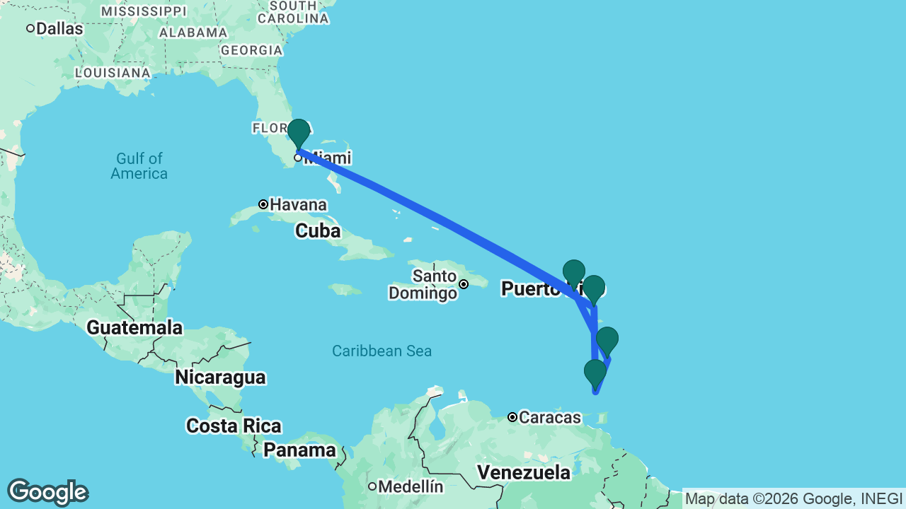 Route map: Fort Lauderdale -> St. Maarten -> St. Lucia -> Grenada -> Antigua -> Fort Lauderdale