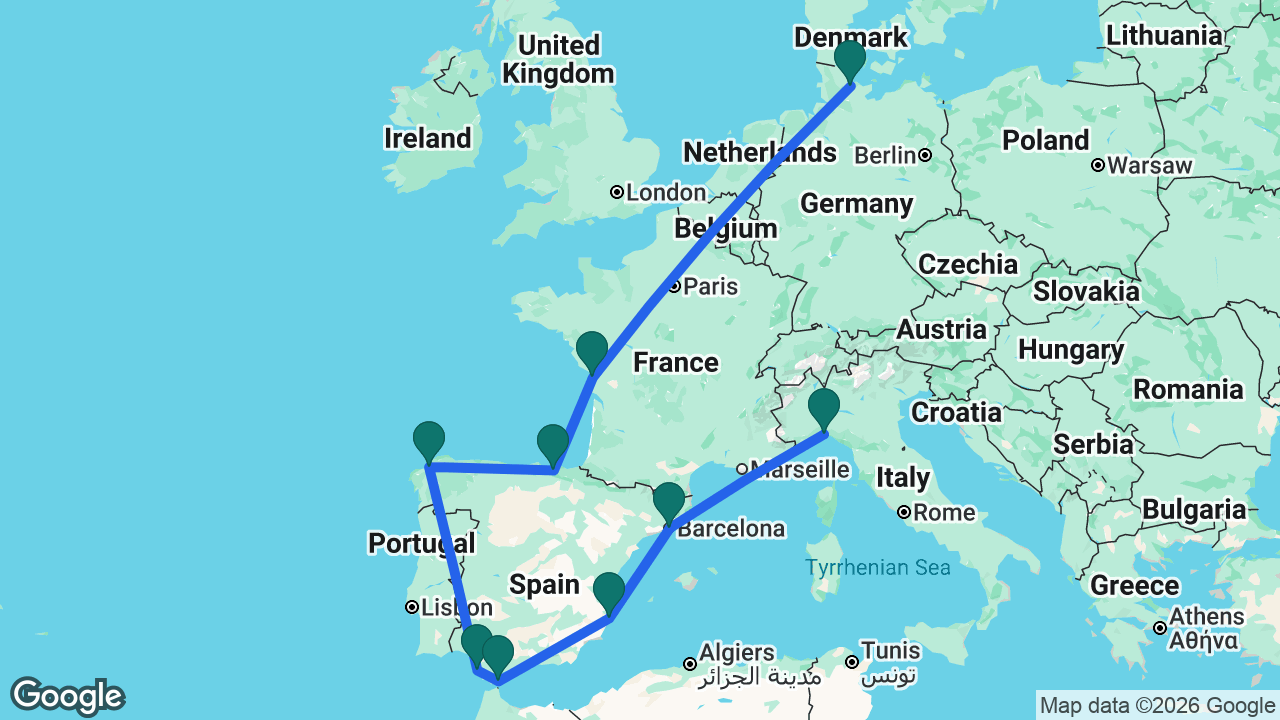 Route map: Genoa -> Barcelona -> Alicante -> Gibraltar -> Cádiz -> La Coruña -> Bilbao -> La Rochelle -> Kiel