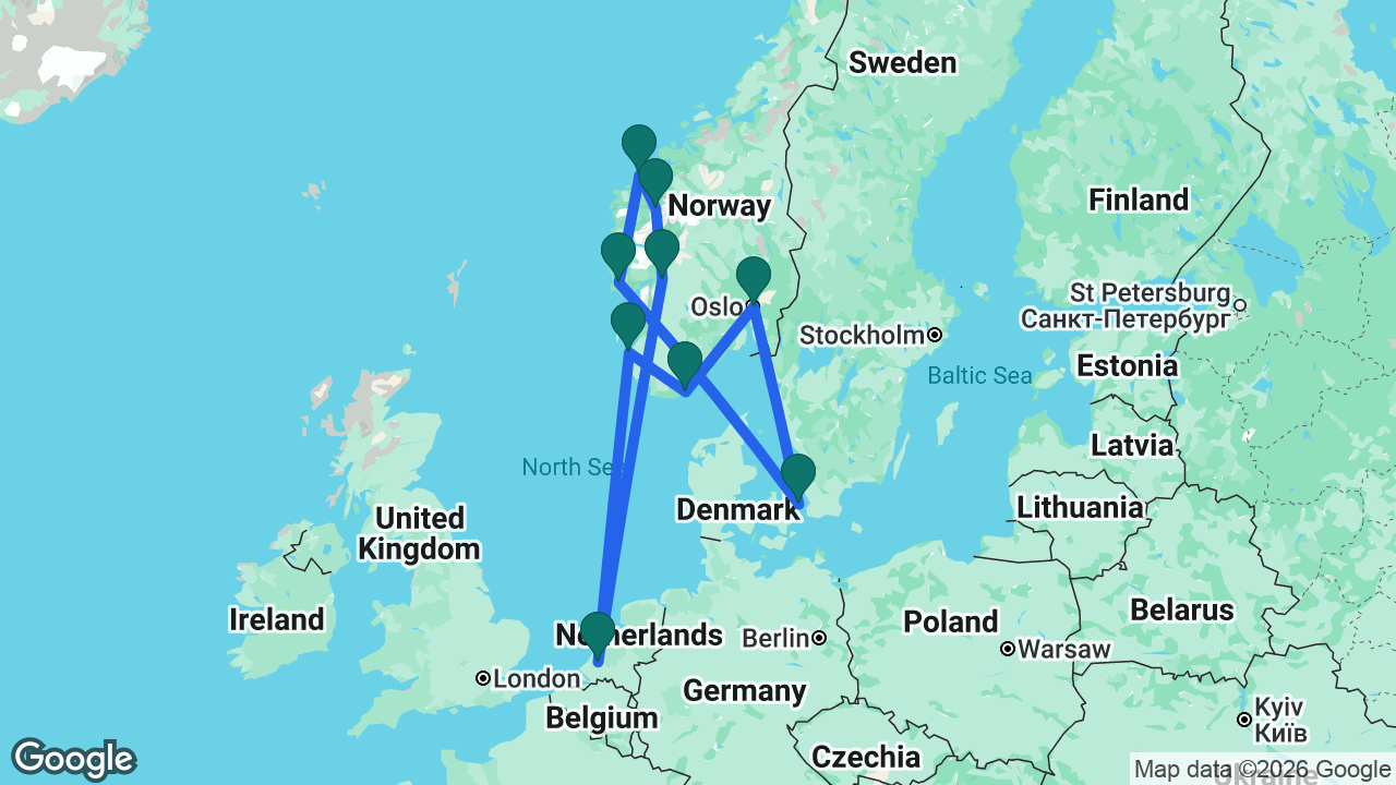 Route map: Rotterdam -> Eidfjord -> Olden -> Ålesund -> Bergen -> Copenhagen -> Oslo -> Kristiansand -> Stavanger -> Rotterdam