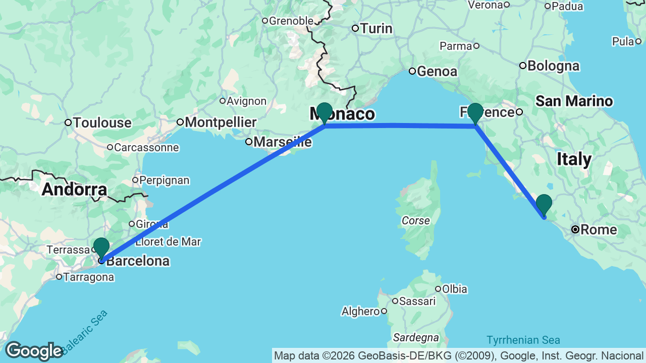 Route map: Rome -> Florence -> Cannes -> Barcelona