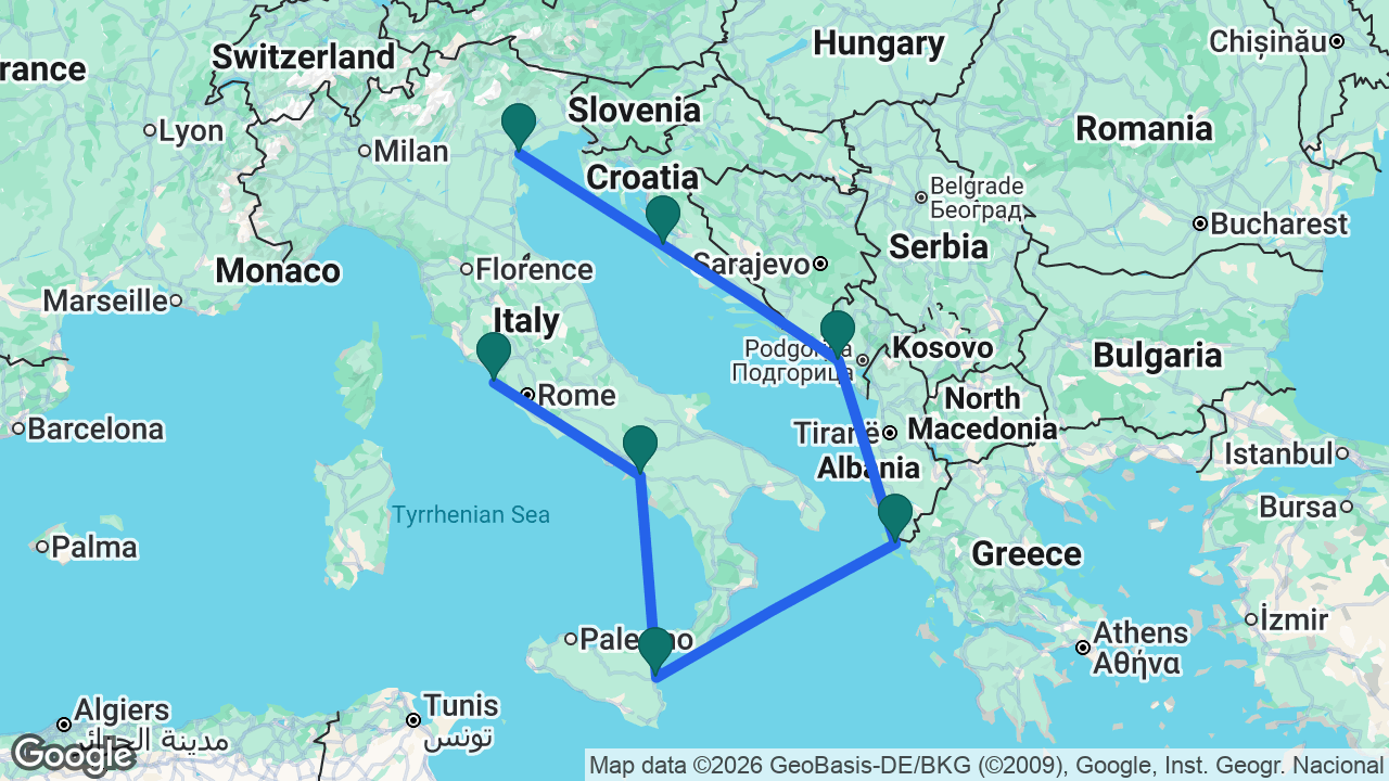 Route map: Rome -> Amalfi Coast -> Catania -> Corfu -> Kotor -> Zadar -> Venice