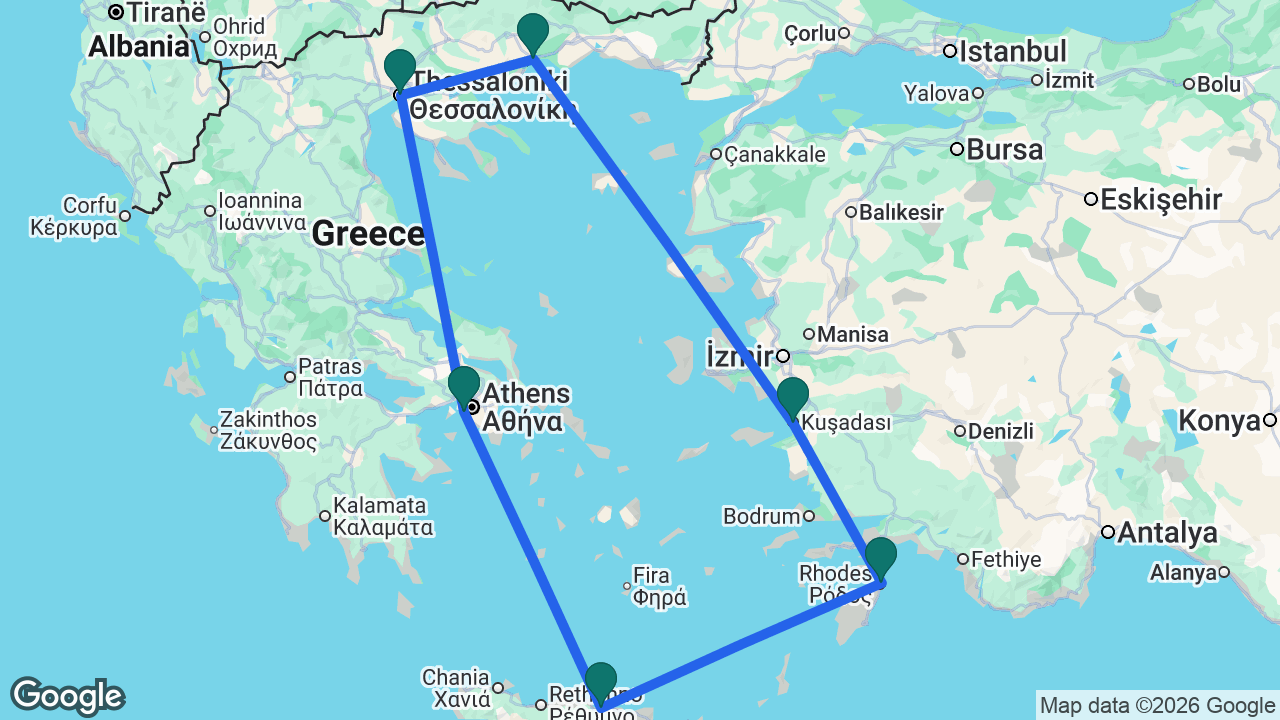Route map: Athens -> Thessaloniki -> Kavala -> Ephesus -> Rhodes -> Heraklion -> Athens