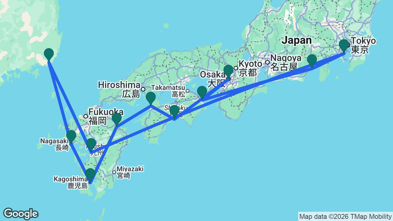 Route map: Tokyo -> Yatsushiro -> Busan -> Nagasaki -> Kagoshima -> Beppu -> Matsuyama -> Kochi -> Osaka -> Tokushima -> Mount Fuji -> Tokyo