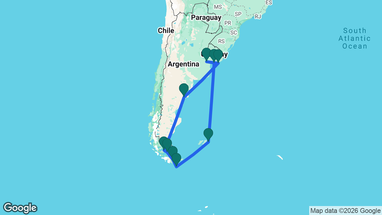 Route map: Buenos Aires -> Montevideo -> Port Stanley -> Cape Horn -> Ushuaia -> Strait of Magellan -> Punta Arenas -> Puerto Madryn -> Punta del Este -> Buenos Aires