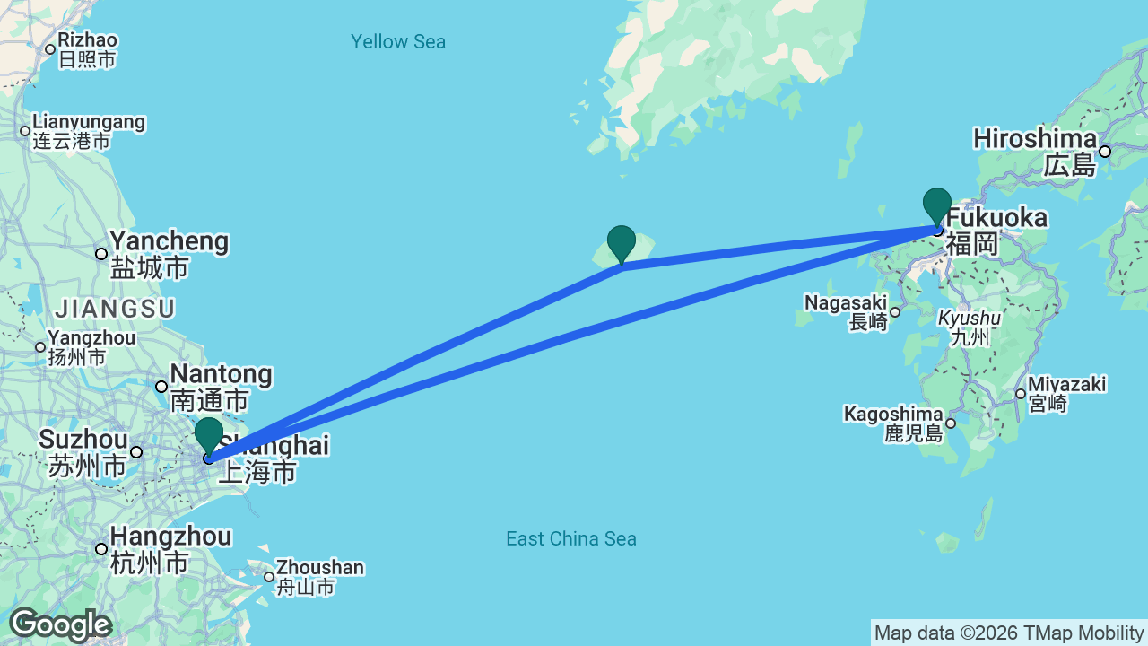 Route map: Shanghai -> Gangjeong -> Fukuoka -> Shanghai