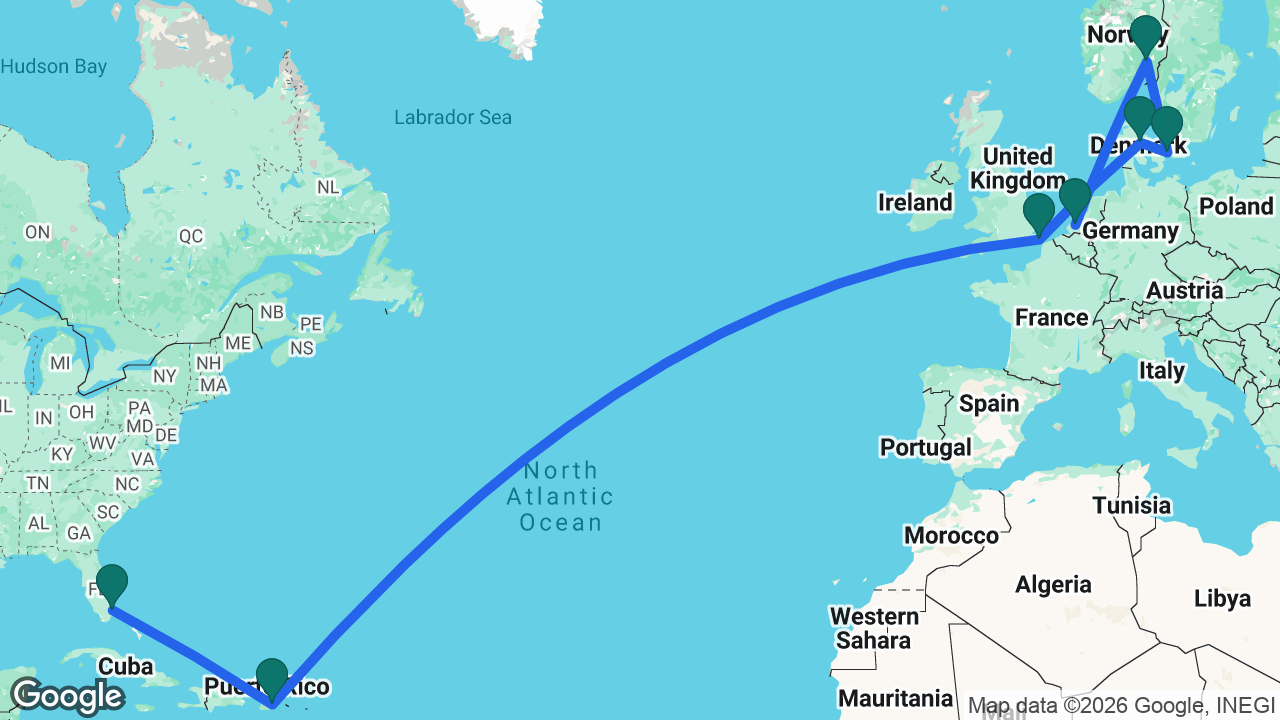 Route map: Rotterdam -> Oslo -> Copenhagen -> Aarhus -> Dover -> San Juan -> Fort Lauderdale