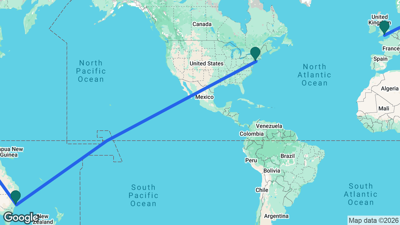 Route map: Southampton -> Sydney -> New York