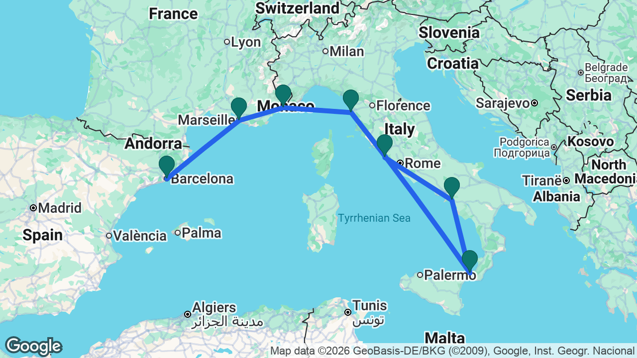 Route map: Barcelona -> Marseille -> Villefranche -> Florence -> Messina -> Amalfi Coast -> Rome