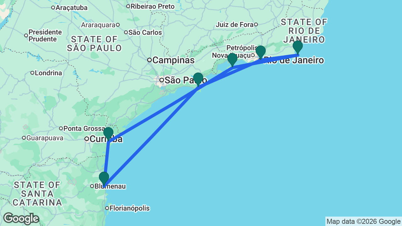 Route map: Paranaguá -> Itajaí -> Ilhabela -> Rio -> Búzios -> Ilha Grande -> Paranaguá