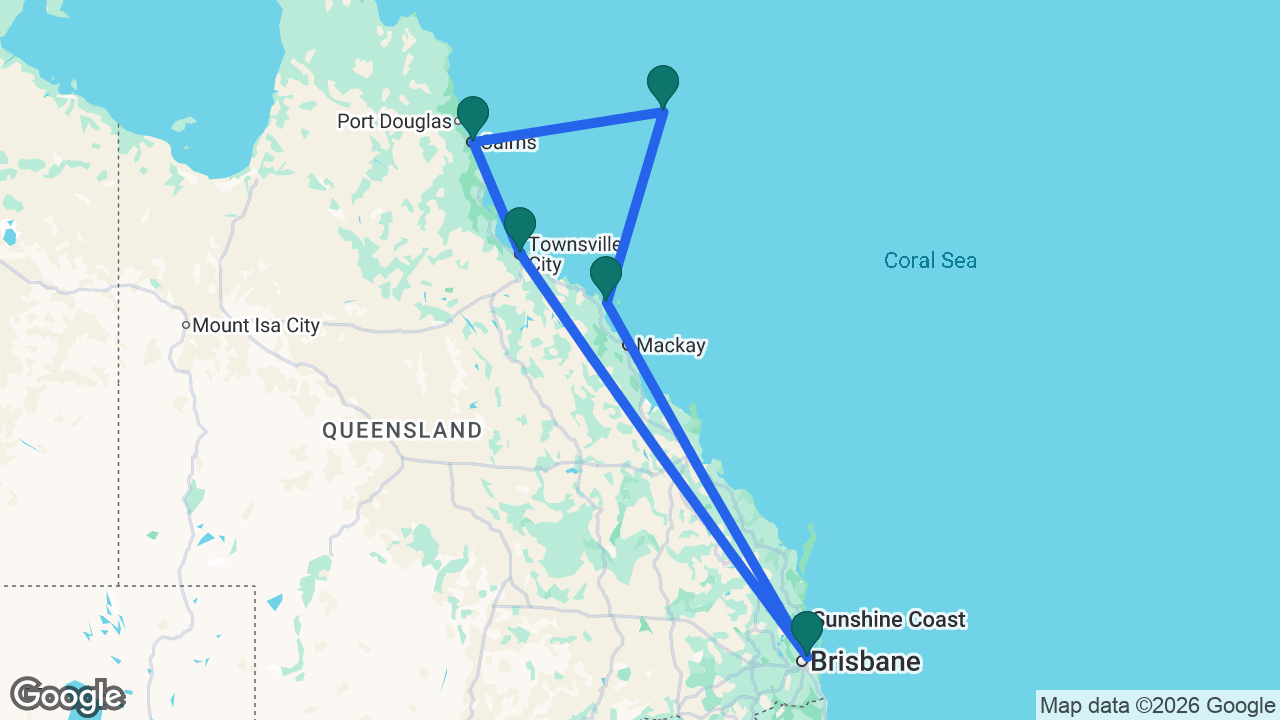 Route map: Brisbane -> Townsville -> Cairns -> Willis Island -> Airlie Beach -> Brisbane