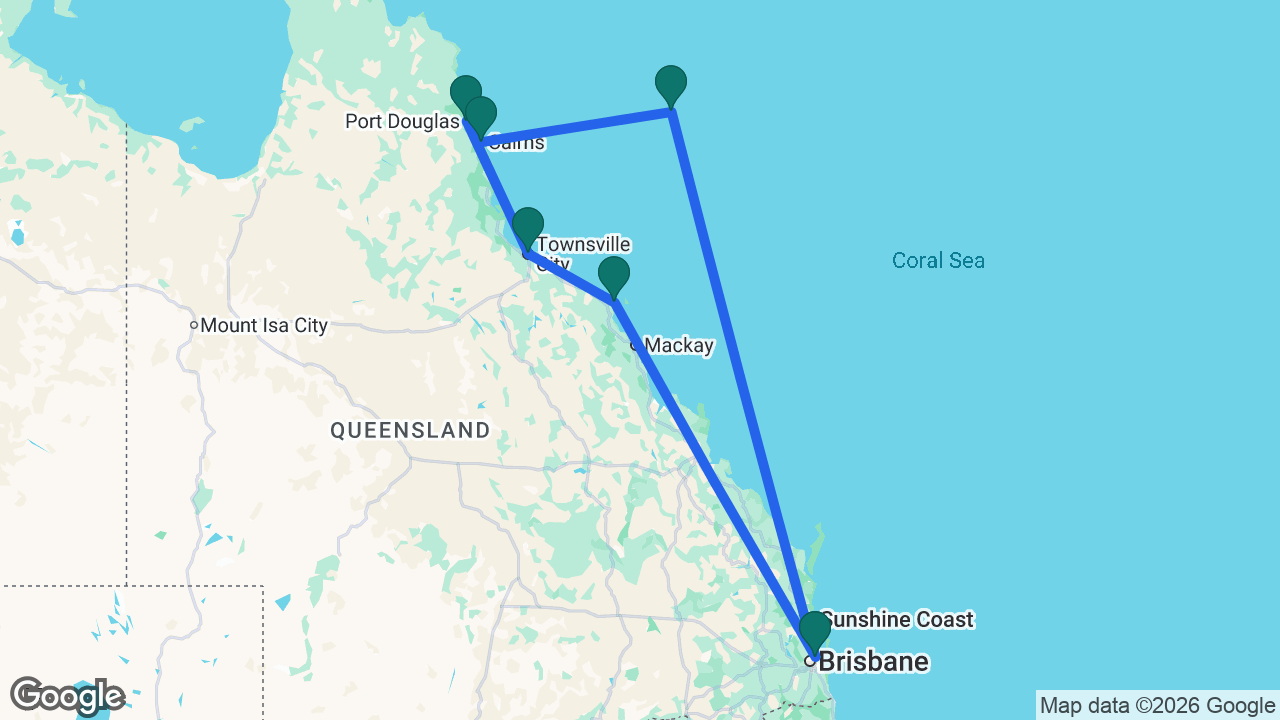Route map: Brisbane -> Airlie Beach -> Townsville -> Port Douglas -> Cairns -> Willis Island -> Brisbane