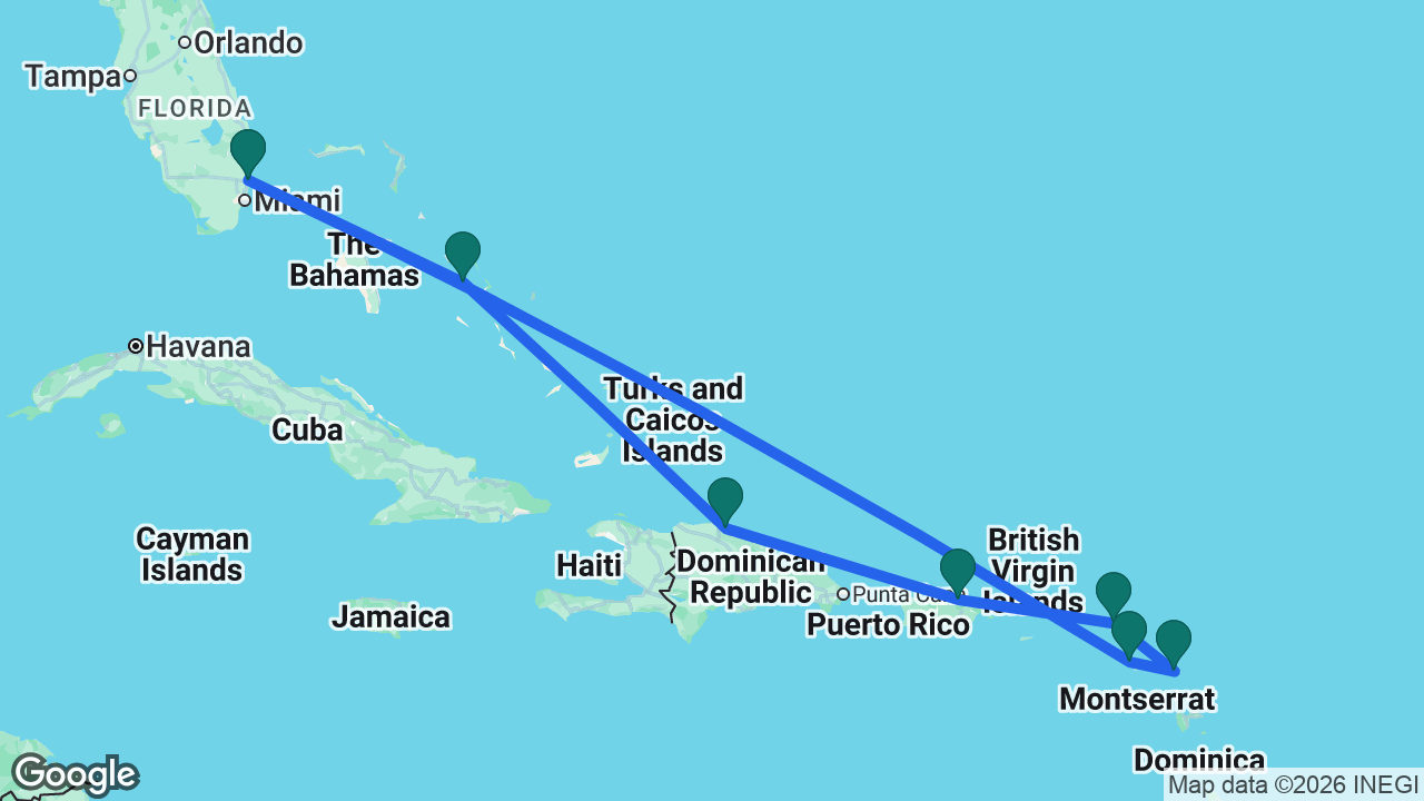 Route map: Fort Lauderdale -> Half Moon Cay -> Amber Cove -> San Juan -> St. Maarten -> Antigua -> St. Kitts -> Fort Lauderdale