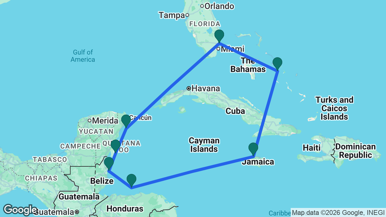 Route map: Fort Lauderdale -> Half Moon Cay -> Falmouth -> Roatán -> Belize City -> Costa Maya -> Cozumel -> Fort Lauderdale