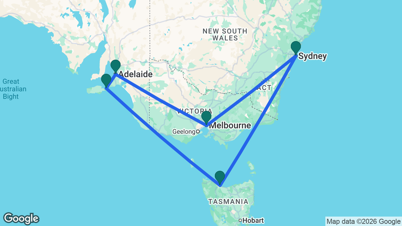 Route map: Sydney -> Tasmania -> Kangaroo Island -> Adelaide -> Melbourne -> Sydney