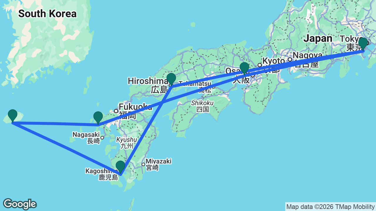 Route map: Tokyo -> Hiroshima -> Kagoshima -> Gangjeong -> Sasebo -> Kobe -> Tokyo