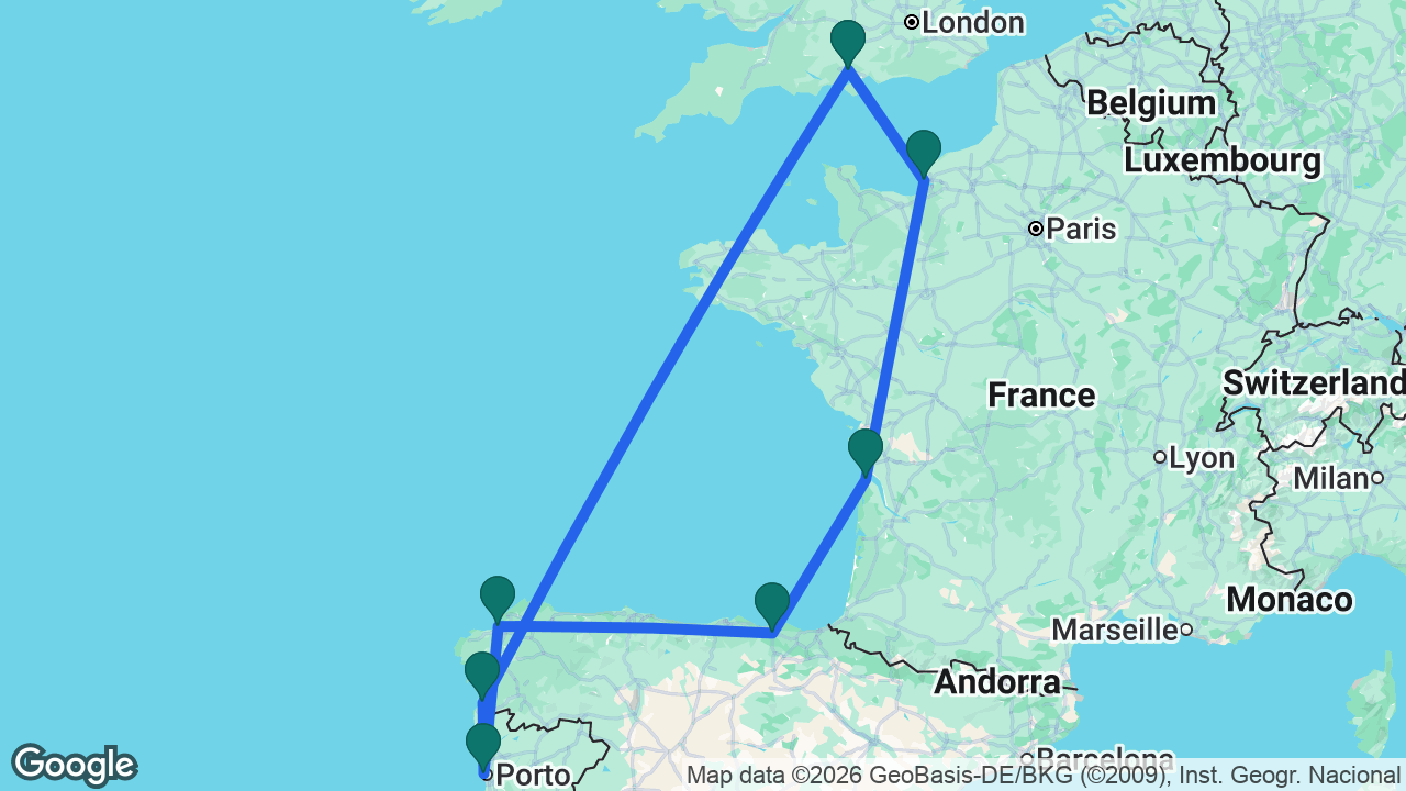 Route map: Southampton -> Paris -> Bordeaux -> Bilbao -> La Coruña -> Porto -> Vigo -> Southampton