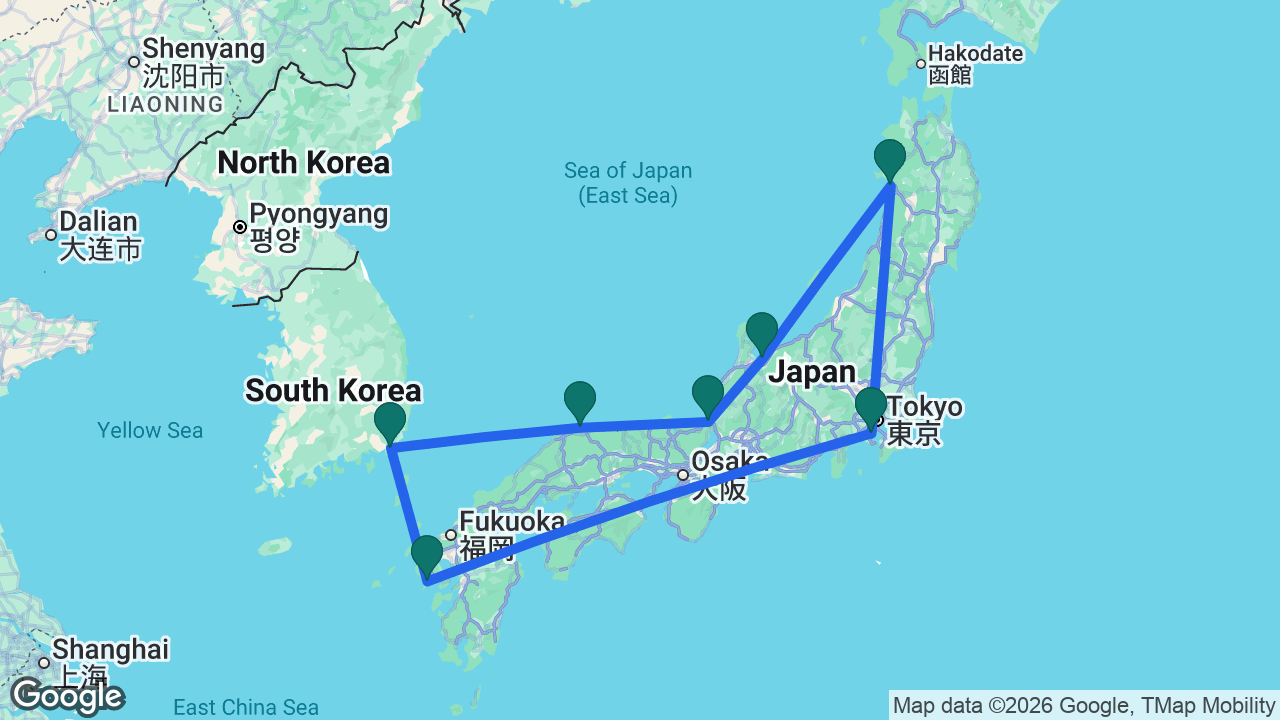 Route map: Tokyo -> Akita -> Toyama -> Tsuruga -> Sakaiminato -> Busan -> Nagasaki -> Tokyo