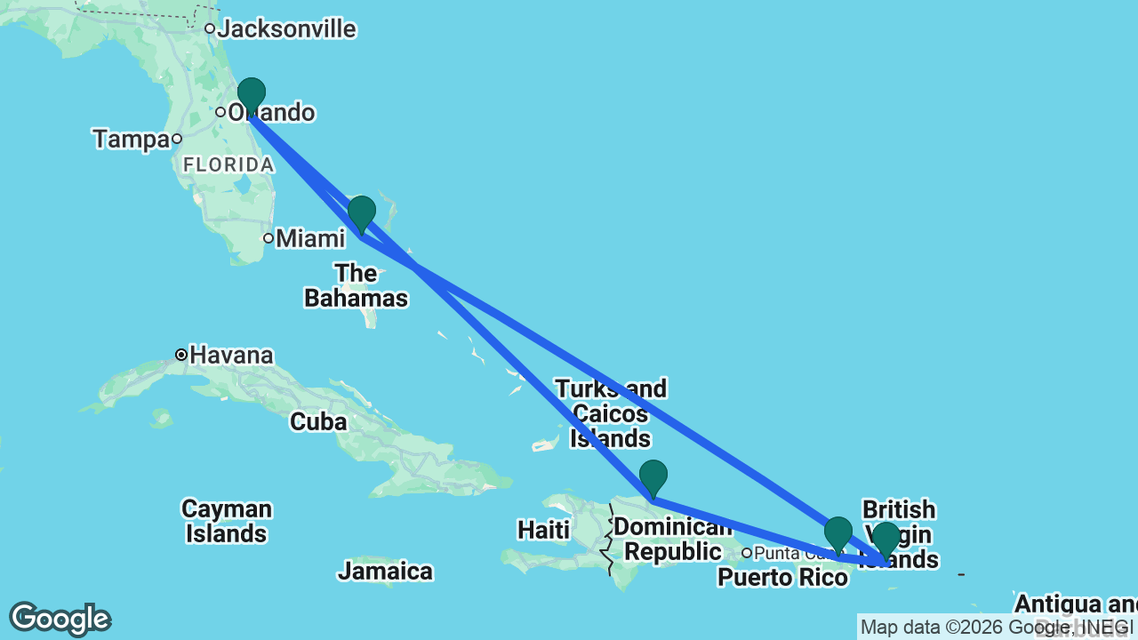 Route map: Port Canaveral -> Great Stirrup Cay -> St. Thomas -> San Juan -> Puerto Plata -> Port Canaveral