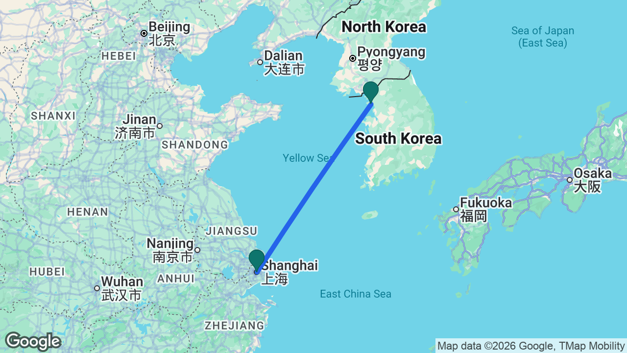 Route map: Shanghai -> Seoul -> Shanghai