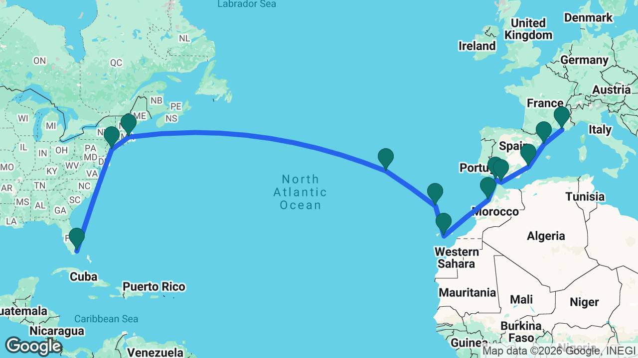 Route map: Marseille -> Barcelona -> Alicante -> Gibraltar -> Cádiz -> Casablanca -> Gran Canaria -> Madeira -> Azores -> Boston -> New York -> Miami