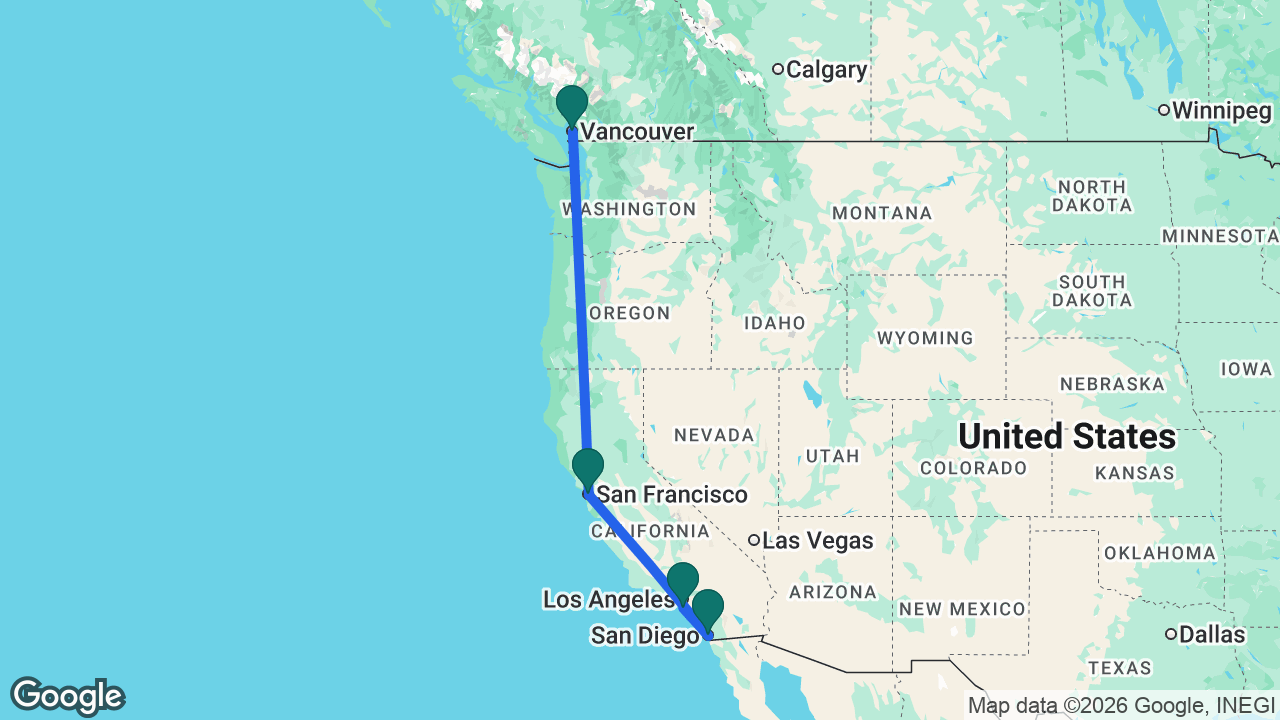 Route map: Vancouver -> San Francisco -> San Diego -> Los Angeles