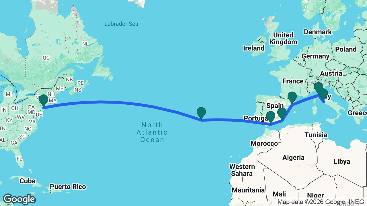 Route map: New York -> Azores -> Málaga -> Cartagena -> Barcelona -> Florence -> Rome
