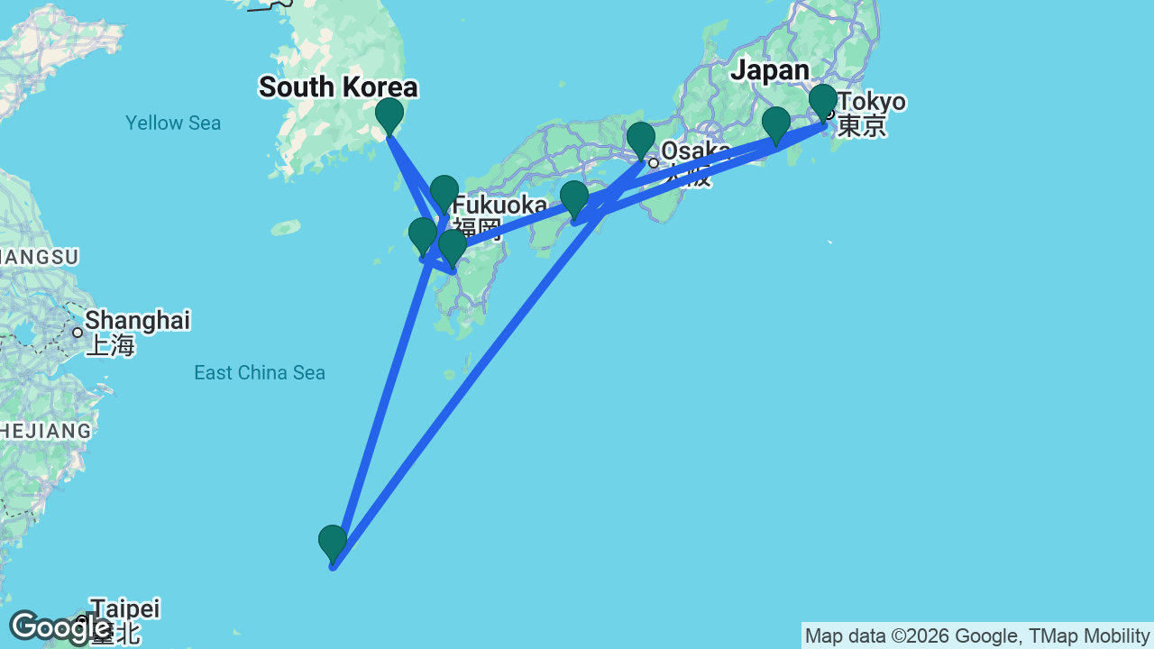 Route map: Tokyo -> Nagasaki -> Yatsushiro -> Busan -> Fukuoka -> Naha -> Kobe -> Kochi -> Mount Fuji -> Tokyo